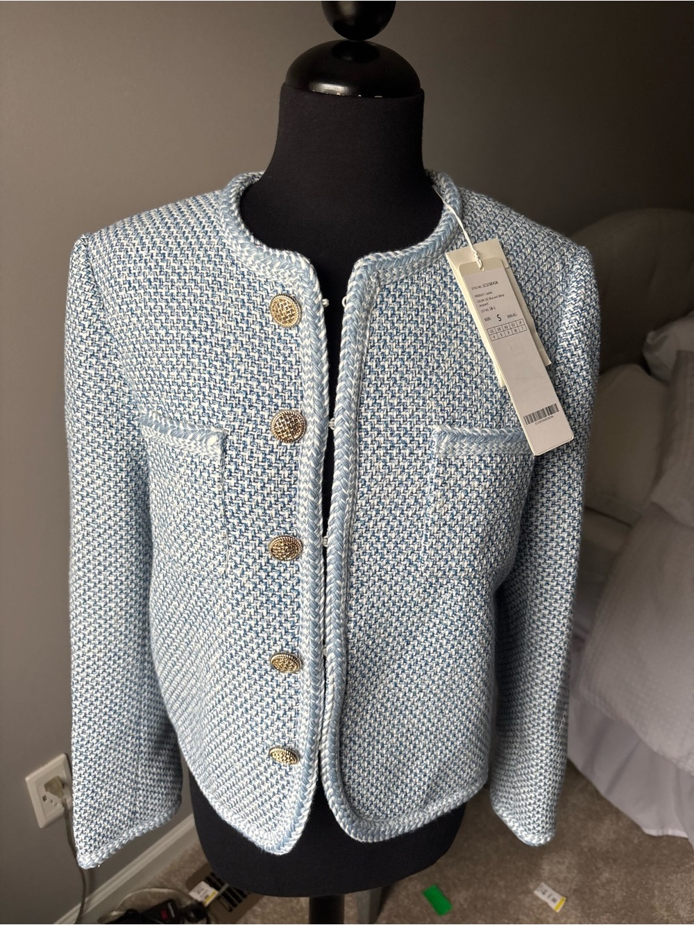 GOELIA Blue & White Tweed Jacket Gold Buttons Size S NWT